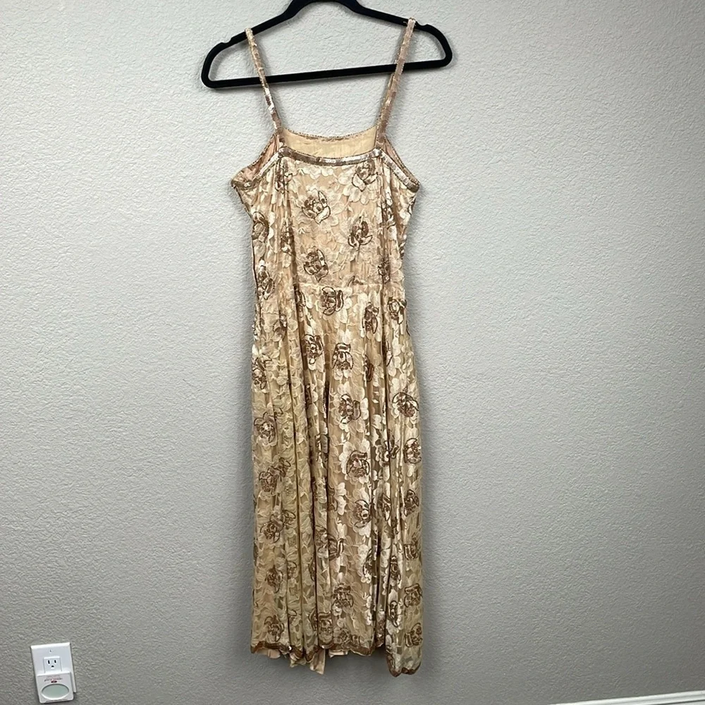 NWT Channa Deadstock Sequin Floral Lace Midi A Line Dress Gold Hand Crafted Sz M - Picture 3 of 16